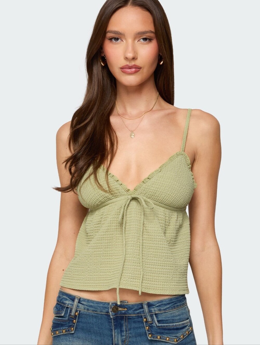 Edikted Sage Green Textured Knit Babydoll Cami Tank Top Tie Front Size M NWT
